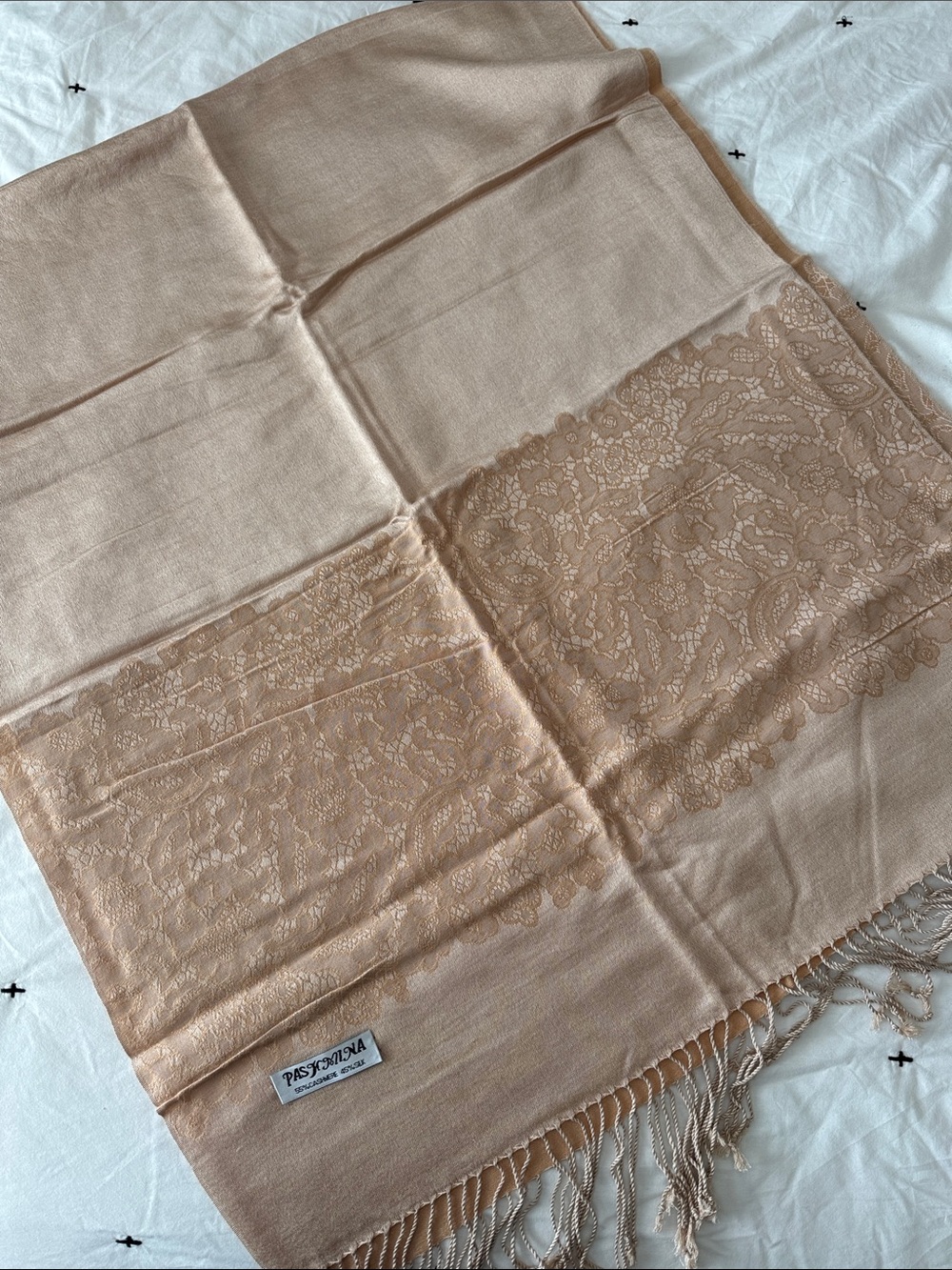 Cashmere Silk Pashmina Shawl Wrap Lace Fringe Blush Beige
